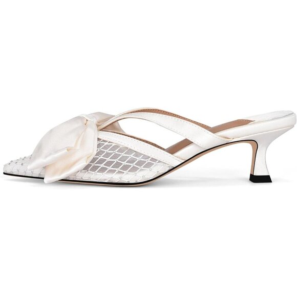 🆕Women White Faux Leather Heeled Mules Kitten Heel Pointed Toe Mesh Bow Sandals - Picture 3 of 5